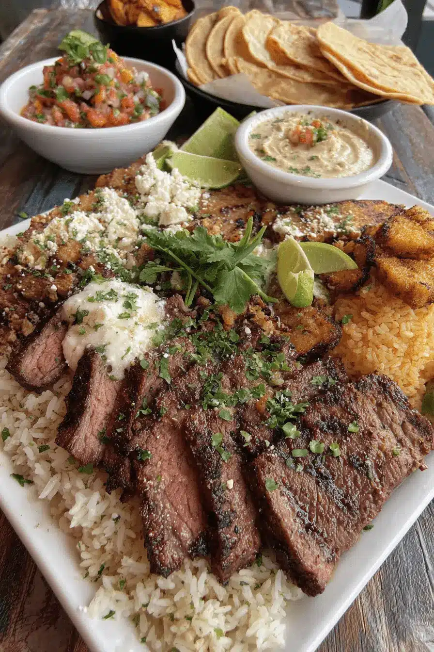 Ultimate Steak Cheese and Rice: Easy Dinner 2 Close-up of a vibrant Mexican-inspired platter featuring perfectly grilled steak, fluffy white rice, and flavorful Mexican rice, accompanied by plantains and pico de gallo, making for a delicious Steak Cheese and Rice style meal.