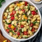 Amazing Classic Pasta Salad: Your Easy Go-To Recipe 7 Vibrant classic pasta salad in a white bowl with fresh vegetables and a light dressing.