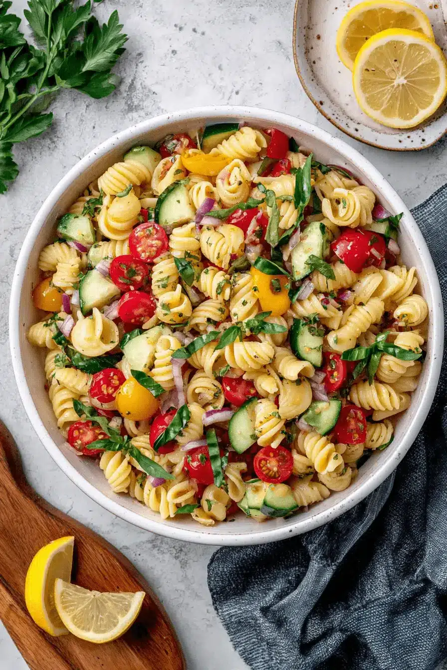 Amazing Classic Pasta Salad: Your Easy Go-To Recipe 2 Vibrant classic pasta salad in a white bowl with fresh vegetables and a light dressing.