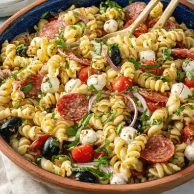 Ultimate Easy Classic Italian Pasta Salad 4 A vibrant classic Italian pasta salad with rotini, salami, cherry tomatoes, mozzarella, olives, and red onion in a rustic bowl.