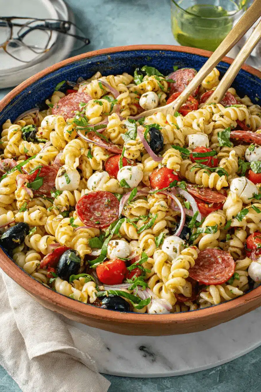 Ultimate Easy Classic Italian Pasta Salad 2 A vibrant classic Italian pasta salad with rotini, salami, cherry tomatoes, mozzarella, olives, and red onion in a rustic bowl.