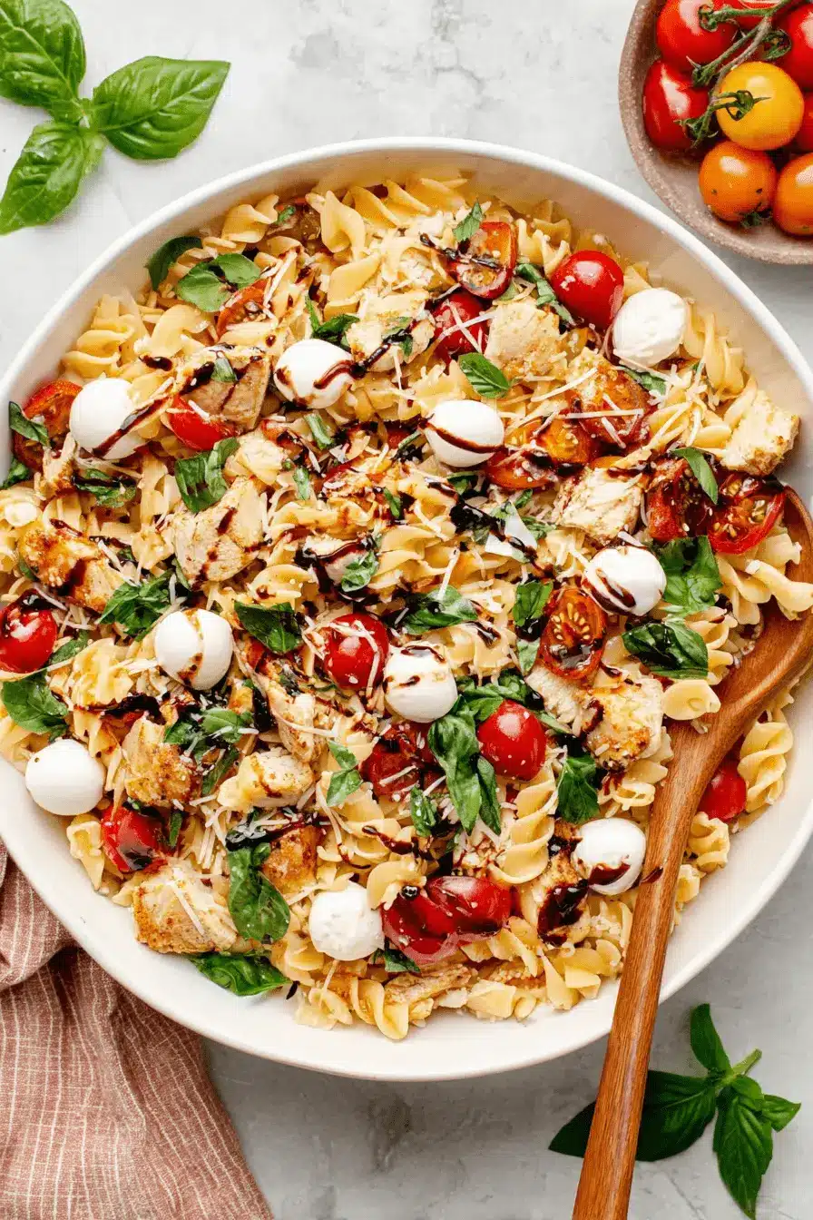 The Ultimate Chicken Caprese Pasta Salad 2 Delicious chicken Caprese pasta salad with grilled chicken, cherry tomatoes, mozzarella, and balsamic glaze.