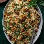 Quick & Easy Lemon Orzo Pasta Salad 5 A vibrant Lemon Orzo Pasta Salad with golden orzo, bright chickpeas, rich sun-dried tomatoes, and fresh basil, served in a ceramic dish on a dark green surface, ready to be enjoyed.
