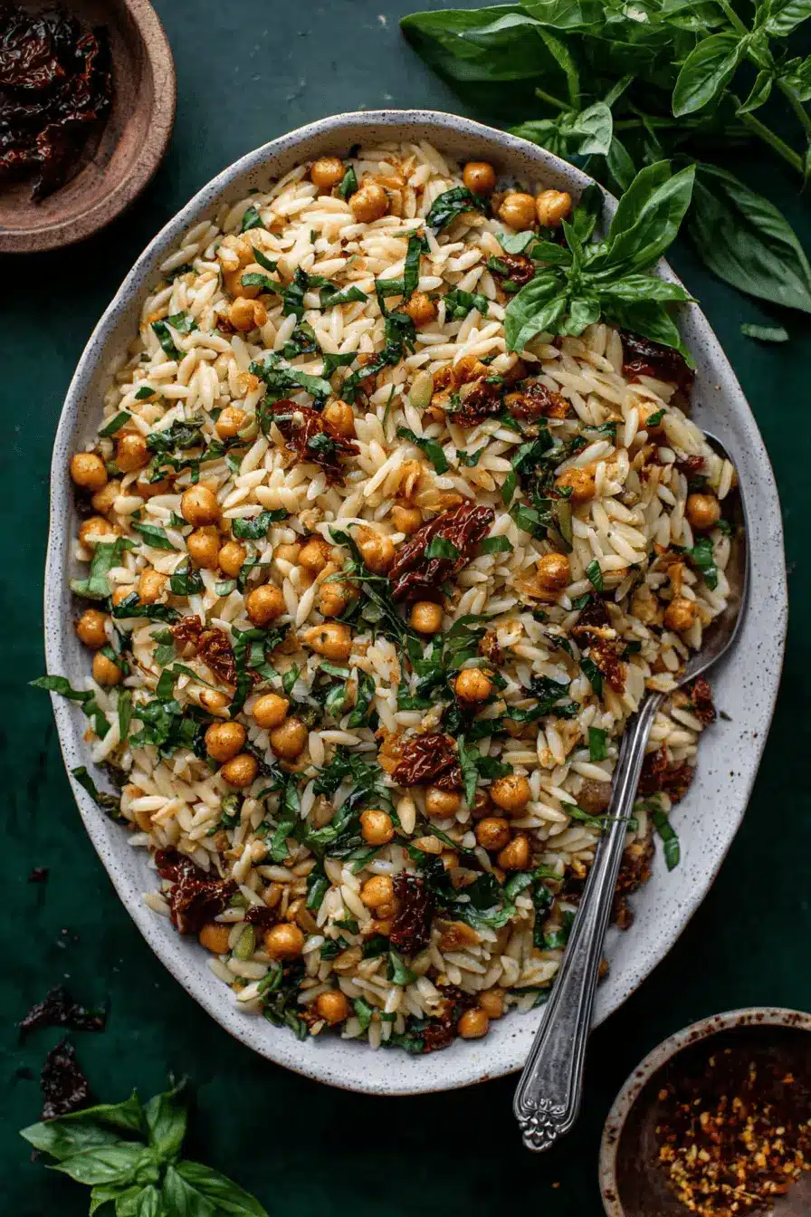 Quick & Easy Lemon Orzo Pasta Salad 2 A vibrant Lemon Orzo Pasta Salad with golden orzo, bright chickpeas, rich sun-dried tomatoes, and fresh basil, served in a ceramic dish on a dark green surface, ready to be enjoyed.
