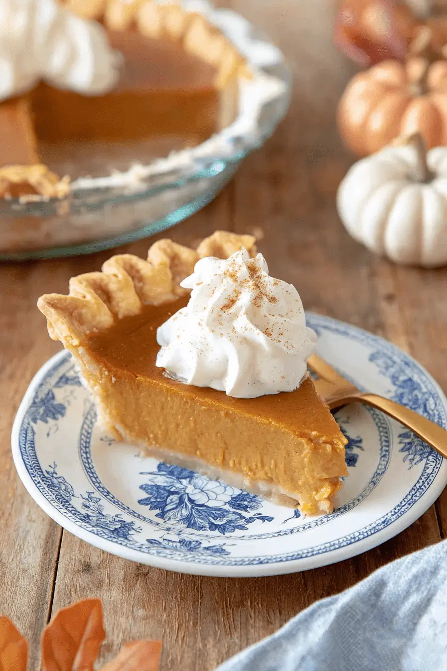 The Ultimate Foolproof Pumpkin Pie Recipe 2 A beautifully presented slice of homemade pumpkin pie recipe, topped with whipped cream and cinnamon, on a patterned plate with a golden fork.