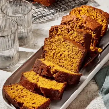 Unbelievably Moist Pumpkin Bread Recipe 3 Freshly baked pumpkin bread, a whole loaf on a cooling rack and slices on a platter, showcasing a delicious pumpkin bread recipe.