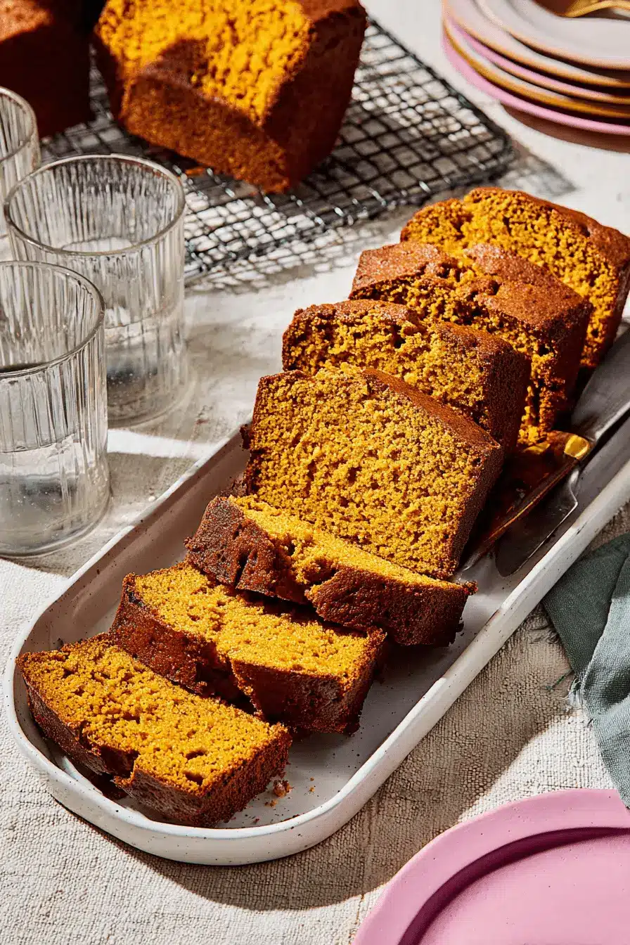 Unbelievably Moist Pumpkin Bread Recipe 2 Freshly baked pumpkin bread, a whole loaf on a cooling rack and slices on a platter, showcasing a delicious pumpkin bread recipe.