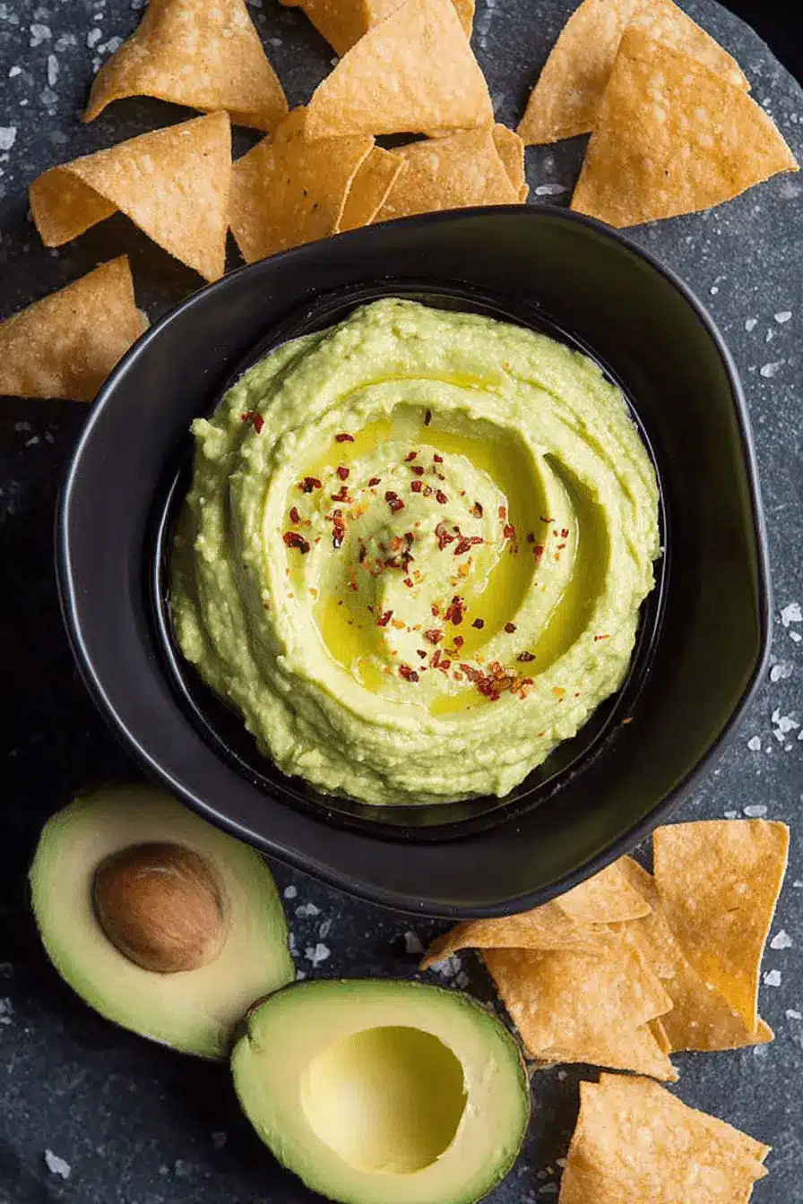 Unbelievably Creamy Avocado Hummus Recipe 2 Creamy avocado hummus garnished with olive oil, red pepper flakes, fresh avocado, and tortilla chips on a dark stone surface.