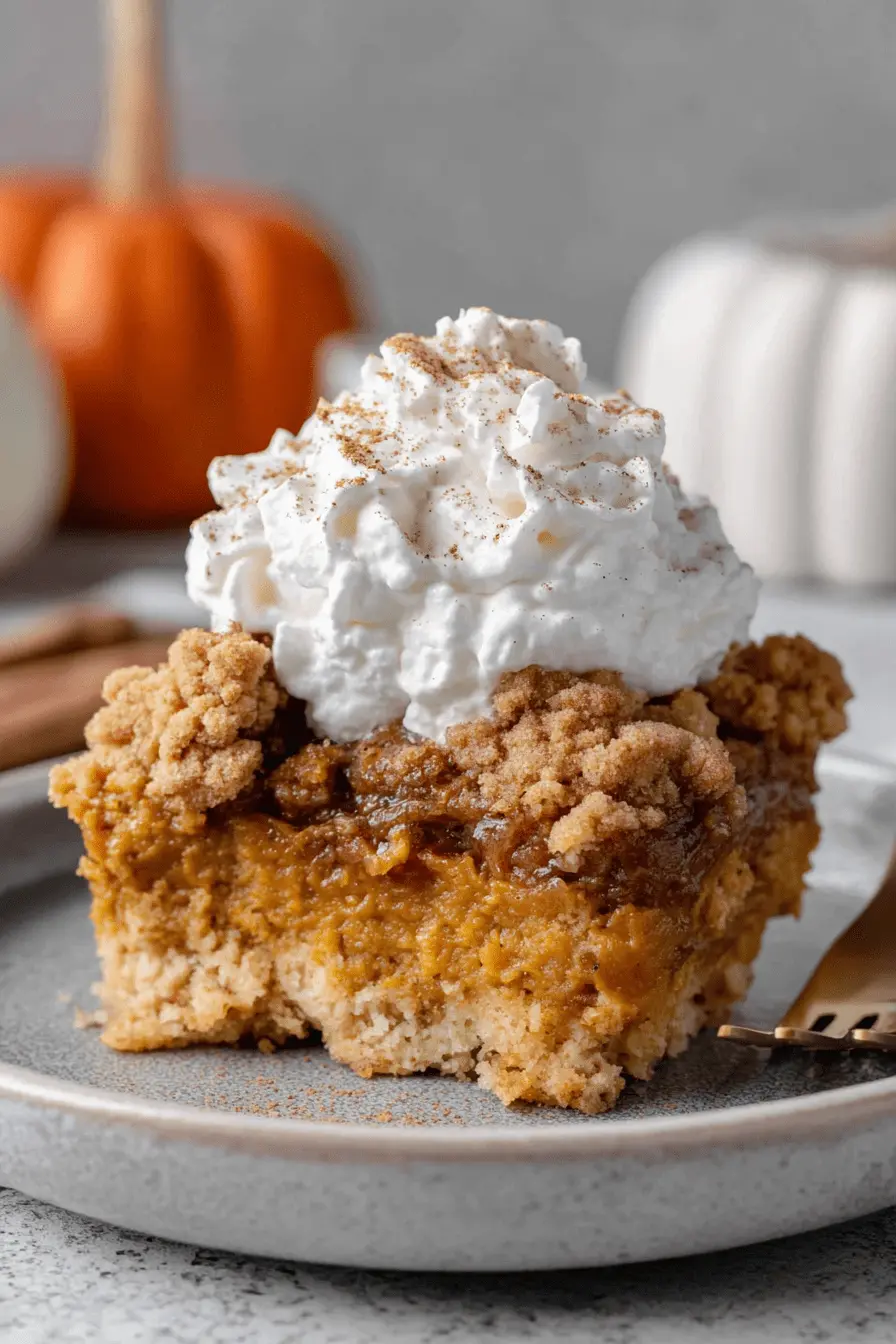Foolproof Pumpkin Dump Cake Recipe 2 A delicious slice of pumpkin dump cake with a golden crumble topping and a dollop of whipped cream on a rustic grey plate, ready to be enjoyed.