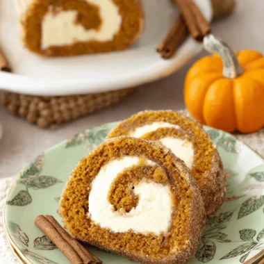 Ultimate Foolproof Pumpkin Roll Recipe 4 Two delicious slices of pumpkin roll cake with creamy filling on a decorative green plate, highlighting this delightful pumpkin roll recipe.