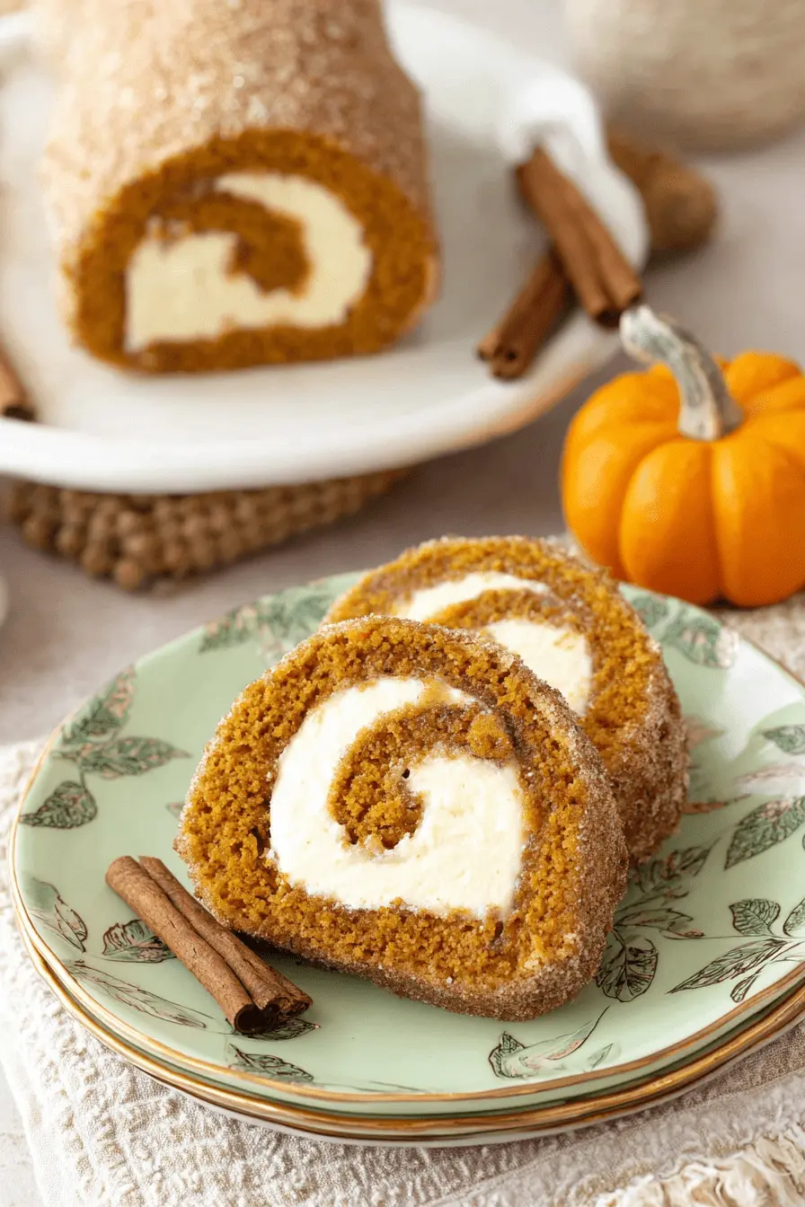 Ultimate Foolproof Pumpkin Roll Recipe 2 Two delicious slices of pumpkin roll cake with creamy filling on a decorative green plate, highlighting this delightful pumpkin roll recipe.
