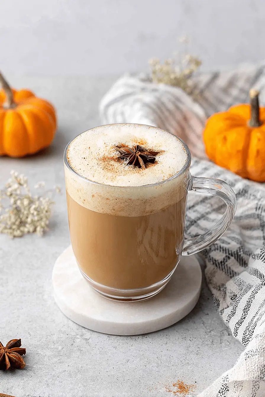 Amazing Homemade Pumpkin Chai Latte 2 Warm pumpkin chai latte in a clear mug with star anise, surrounded by autumn decor.
