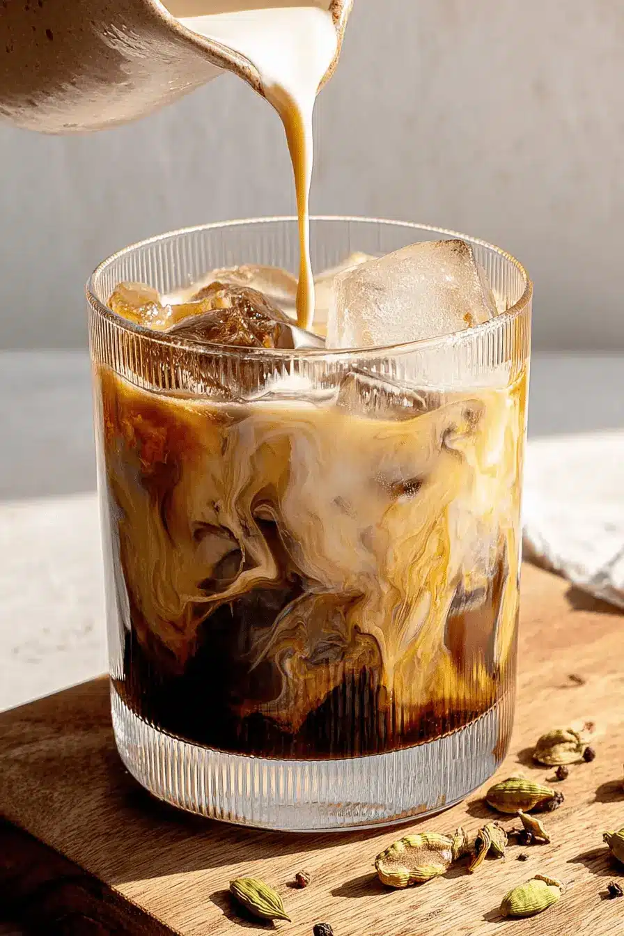 Amazing Homemade Iced Pumpkin Chai Tea Latte 2 A refreshing iced pumpkin chai tea latte being prepared, with thick cream pouring into a glass filled with ice and the dark tea mixture, creating beautiful swirls on a wooden surface with spices.