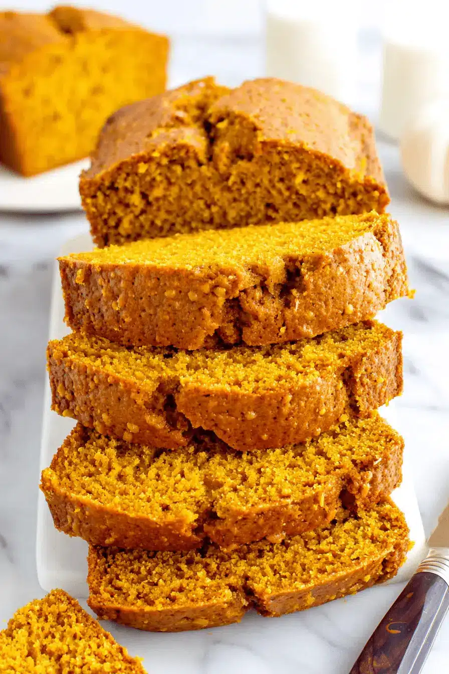 The Ultimate Foolproof Pumpkin Bread 2 Stacked slices and loaves of moist, vibrant orange pumpkin bread on a white plate with milk, ready to be enjoyed.