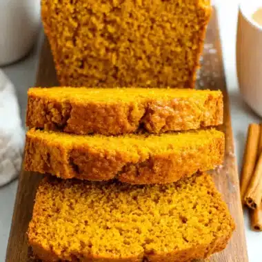 Amazing Foolproof Pumpkin Bread Recipe 3 Close-up of moist, sliced pumpkin bread on a rustic wooden cutting board, lightly dusted with powdered sugar.