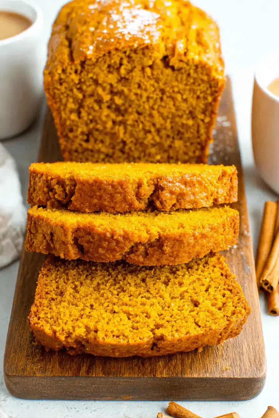 Amazing Foolproof Pumpkin Bread Recipe 2 Close-up of moist, sliced pumpkin bread on a rustic wooden cutting board, lightly dusted with powdered sugar.