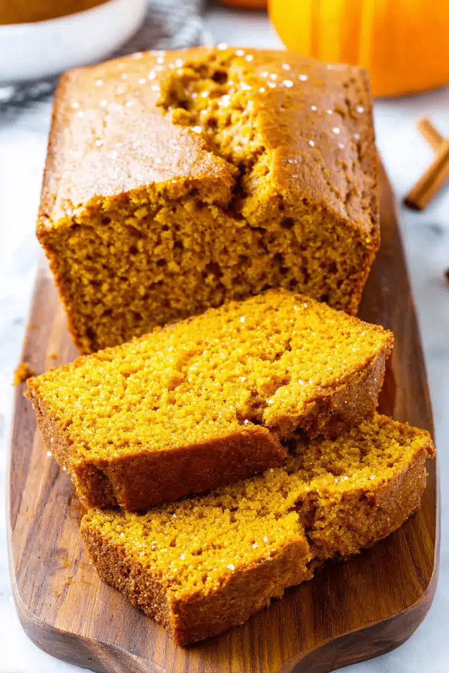 Amazing Pumpkin Bread: Super Moist & Easy Recipe 2 Freshly baked pumpkin bread slices on a rustic wooden board with fall decor.