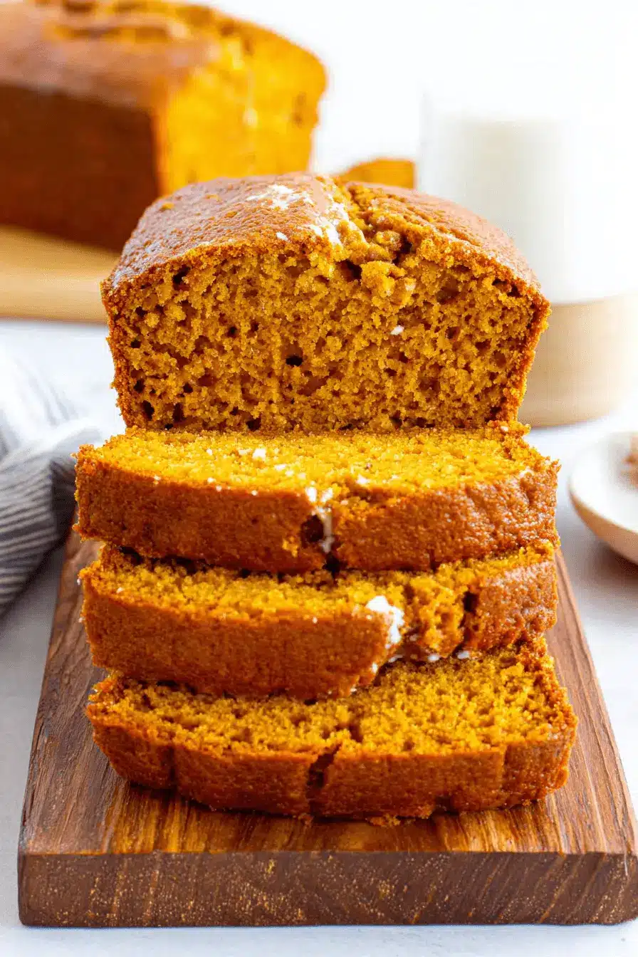 Amazing Ultimate Moist Pumpkin Bread 2 Deliciously sliced pumpkin bread on a rustic wooden board, revealing its moist, spiced interior, with a whole loaf and milk in the background.