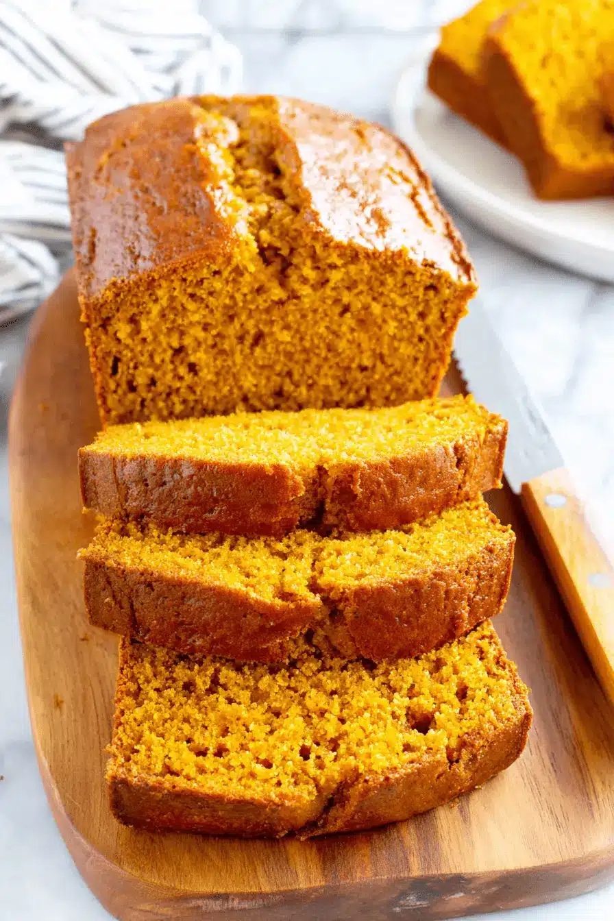 Amazing Foolproof Pumpkin Bread Recipe 2 Freshly sliced pumpkin bread on a wooden cutting board, revealing its moist, vibrant orange interior.