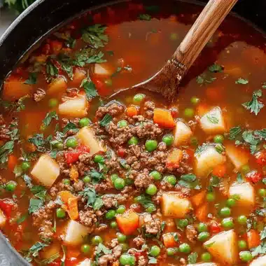 Wonderful Easy Hamburger Soup Recipe 3 Hearty hamburger soup simmering in a dark green Dutch oven with beef, potatoes, carrots, and peas.