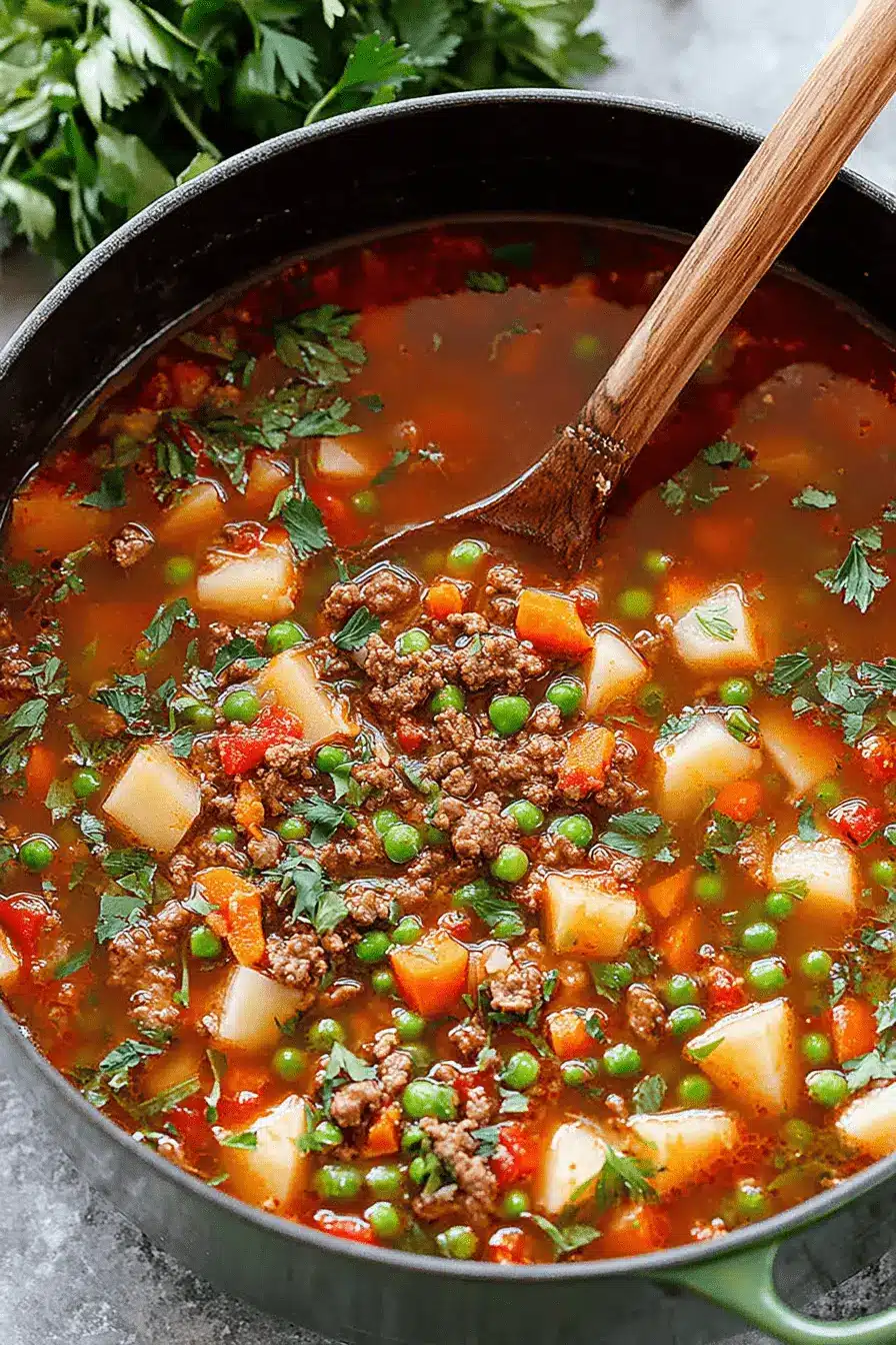 Wonderful Easy Hamburger Soup Recipe 2 Hearty hamburger soup simmering in a dark green Dutch oven with beef, potatoes, carrots, and peas.