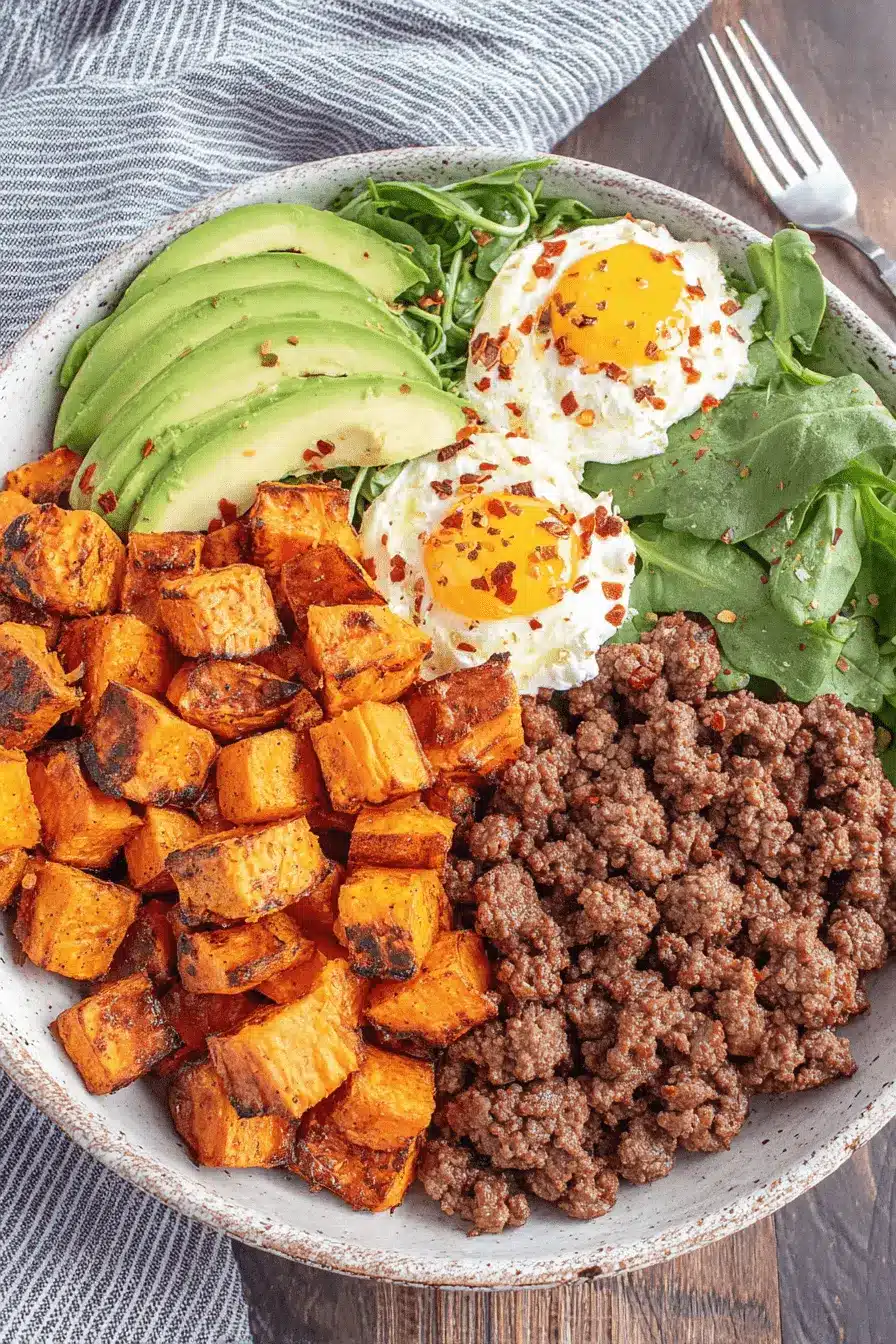 Amazing Ground Beef Bowl: Quick & Easy Dinner 2 Overhead view of a colorful ground beef bowl with sweet potatoes, fried eggs, avocado, and greens on a wooden surface.