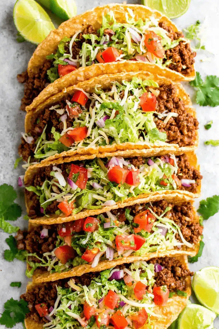 Foolproof Ground Beef Tacos for Speedy Dinner 2 Close-up of seven crispy ground beef tacos, generously filled with seasoned meat, lettuce, tomato, onion, and cheese, garnished with lime and cilantro.