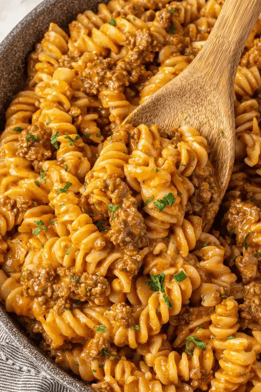 Amazing One-Pot Ground Beef Pasta in 30 Mins 2 Hearty ground beef pasta bake with corkscrew fusilli, creamy tomato sauce, and fresh parsley, served in a dark bowl.