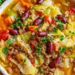 Ultimate One-Pot Beef and Cabbage Soup 7 Close-up, top-down view of a hearty bowl of Beef and Cabbage Soup, brimming with tender cabbage, ground beef, carrots, tomatoes, and kidney beans, garnished with fresh parsley.