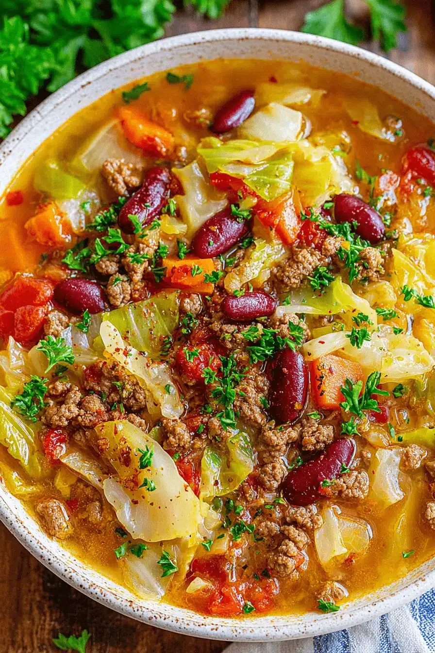 Ultimate One-Pot Beef and Cabbage Soup 2 Close-up, top-down view of a hearty bowl of Beef and Cabbage Soup, brimming with tender cabbage, ground beef, carrots, tomatoes, and kidney beans, garnished with fresh parsley.