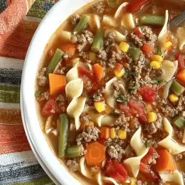 Amazing Hamburger Noodle Soup Recipe 4 Close-up overhead view of a hearty bowl of Hamburger Noodle Soup with ground beef, egg noodles, carrots, green beans, corn, and tomatoes, garnished with fresh herbs.