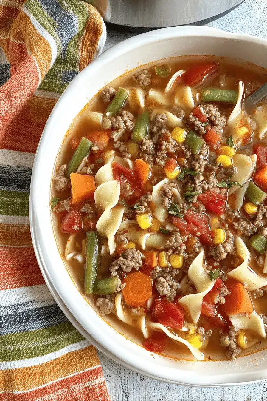 Amazing Hamburger Noodle Soup Recipe 2 Close-up overhead view of a hearty bowl of Hamburger Noodle Soup with ground beef, egg noodles, carrots, green beans, corn, and tomatoes, garnished with fresh herbs.