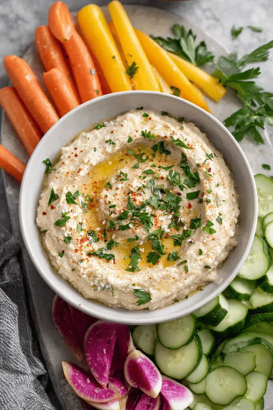 Ultimate 5-Minute Creamy White Bean Hummus 2 Close-up of creamy white bean hummus garnished with olive oil, parsley, and paprika, served with fresh vegetables.