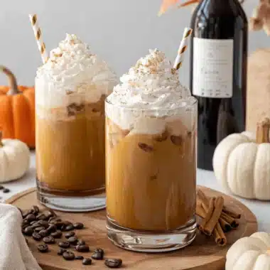 Amazing Homemade Pumpkin Spice Latte 3 Two iced pumpkin spice lattes with whipped cream, cinnamon, and autumnal decor on a rustic wooden board.