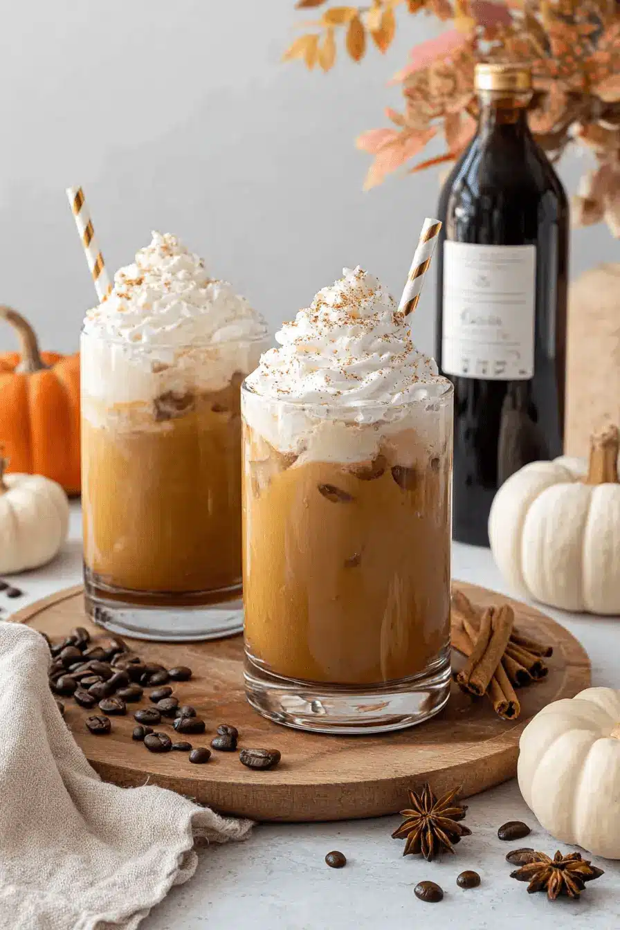 Amazing Homemade Pumpkin Spice Latte 2 Two iced pumpkin spice lattes with whipped cream, cinnamon, and autumnal decor on a rustic wooden board.