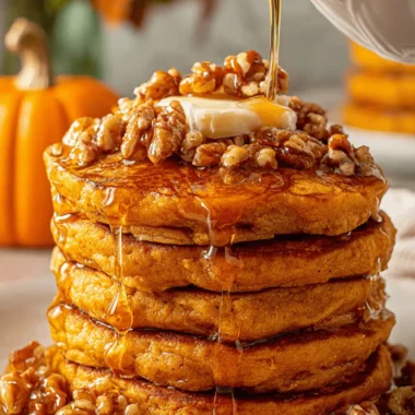 Amazing Fluffy Pumpkin Pancakes Recipe 4 A close-up of fluffy, golden-brown pumpkin pancakes generously drizzled with syrup, topped with melting butter and chopped walnuts, evoking a cozy autumn feel.