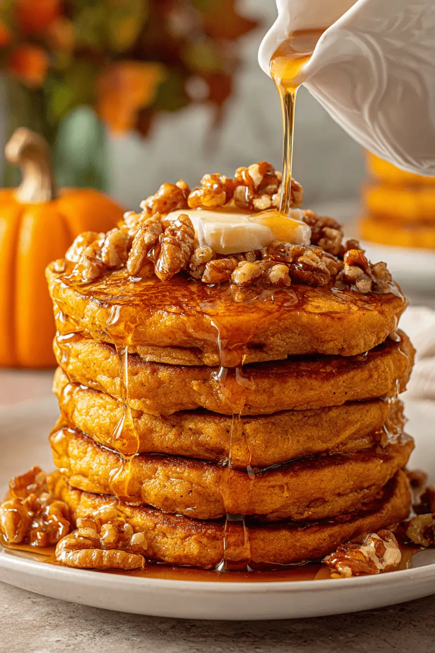 Amazing Fluffy Pumpkin Pancakes Recipe 2 A close-up of fluffy, golden-brown pumpkin pancakes generously drizzled with syrup, topped with melting butter and chopped walnuts, evoking a cozy autumn feel.
