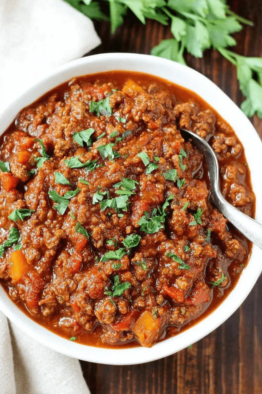 Amazing One-Pot Pumpkin Chili Recipe 2 Close-up of a hearty bowl of pumpkin chili garnished with fresh parsley.