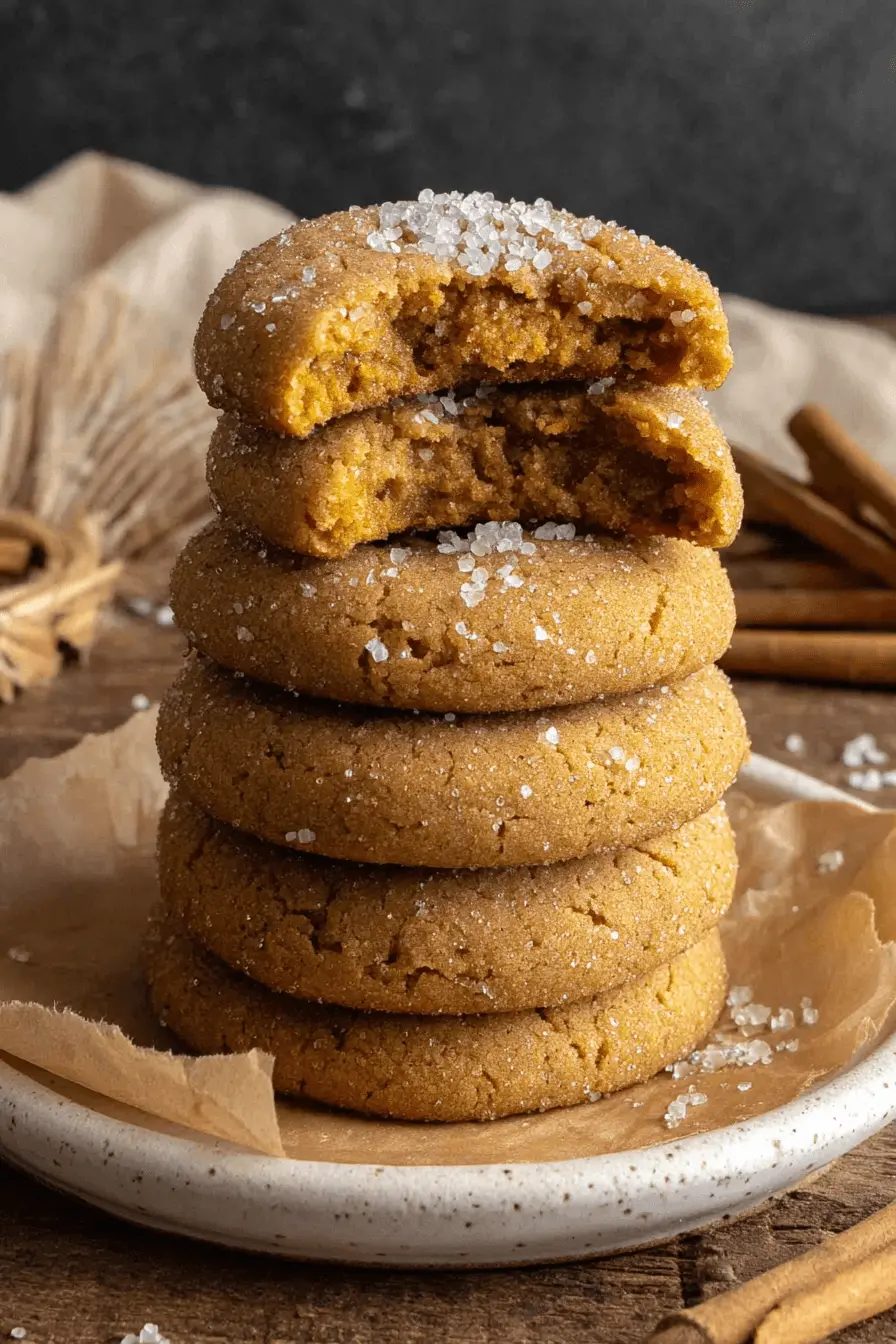The Ultimate Chewy Pumpkin Cookies 2 A tempting stack of freshly baked pumpkin cookies on a speckled white plate, with one broken in half to show its soft, chewy interior.