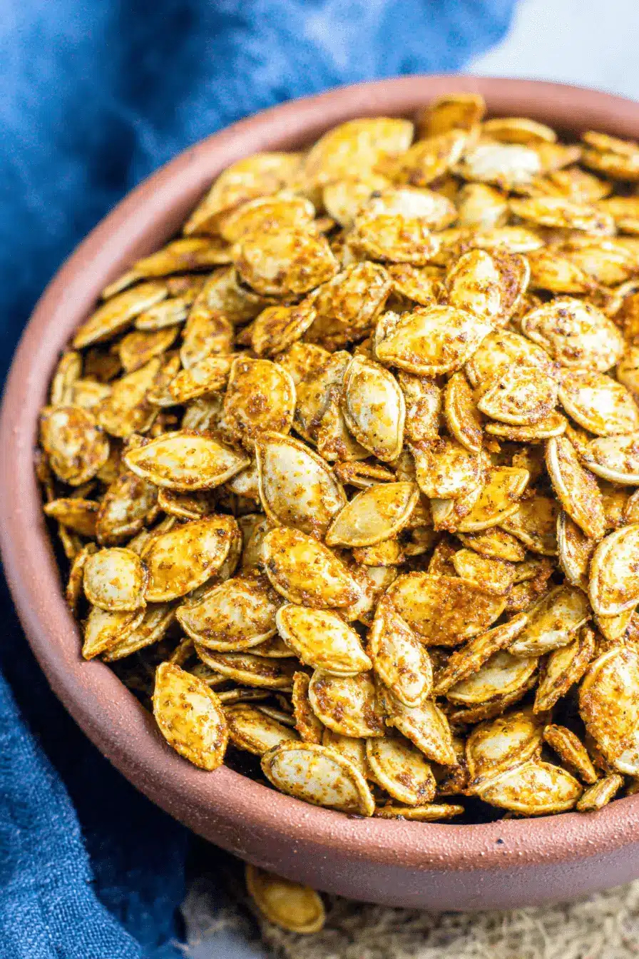Easy Roasted Pumpkin Seeds Recipe 2 Close-up of a rustic bowl filled with seasoned, roasted pumpkin seeds, perfect for a delicious pumpkin seeds recipe.