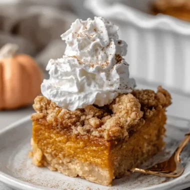 Wonderful Foolproof Pumpkin Dump Cake Recipe 4 Close-up of a delicious slice of pumpkin dump cake recipe on a white plate, topped with whipped cream and a golden-brown streusel.