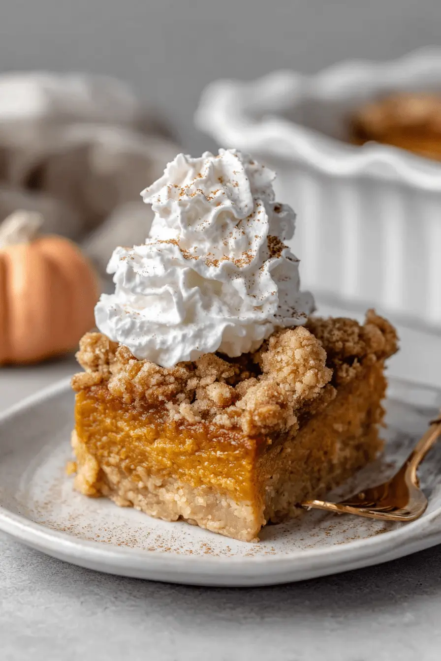 Wonderful Foolproof Pumpkin Dump Cake Recipe 2 Close-up of a delicious slice of pumpkin dump cake recipe on a white plate, topped with whipped cream and a golden-brown streusel.