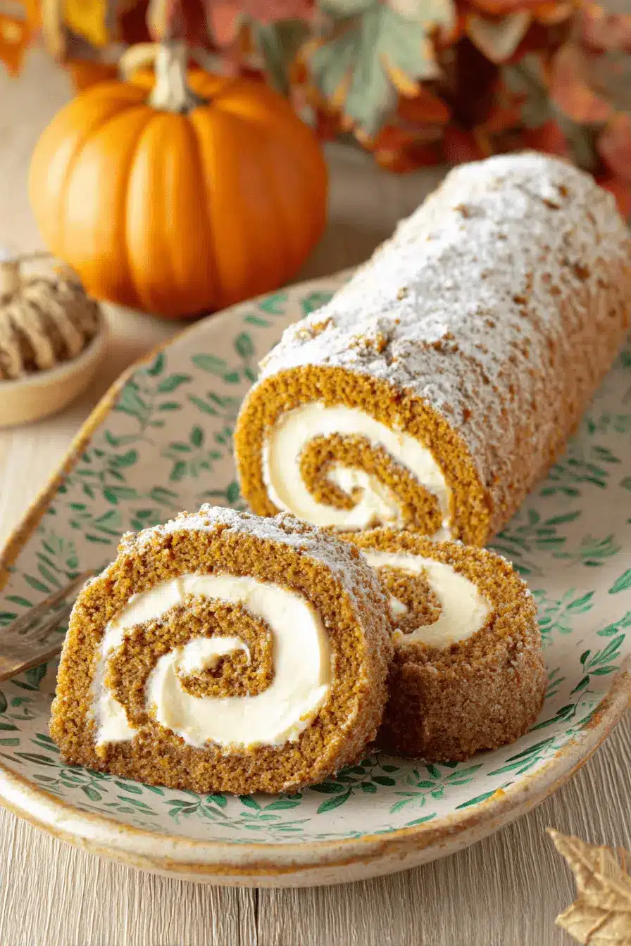 The Ultimate Foolproof Pumpkin Roll Recipe 2 Sliced pumpkin roll cake dusted with powdered sugar, ready to be enjoyed from this delicious pumpkin roll recipe.