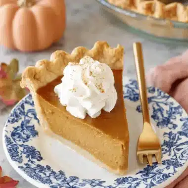Ultimate Foolproof Pumpkin Pie Recipe 3 A tempting slice of homemade pumpkin pie with whipped cream and cinnamon on a floral plate, showcasing a classic pumpkin pie recipe.