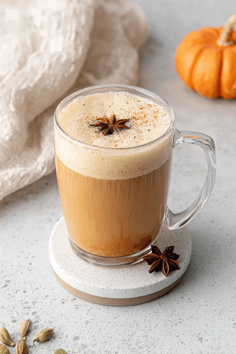 Luxurious Homemade Pumpkin Chai Latte 2 A close-up of a warm pumpkin chai latte in a clear mug, topped with frothy foam, cinnamon, and star anise, surrounded by autumn spices and a small orange pumpkin.
