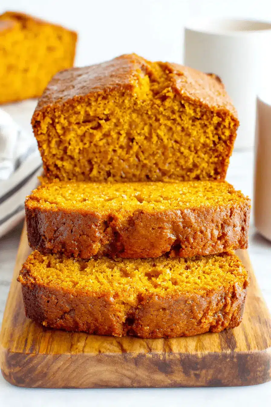 The Ultimate Foolproof Pumpkin Bread 2 Freshly baked pumpkin bread slices on a rustic wooden cutting board.