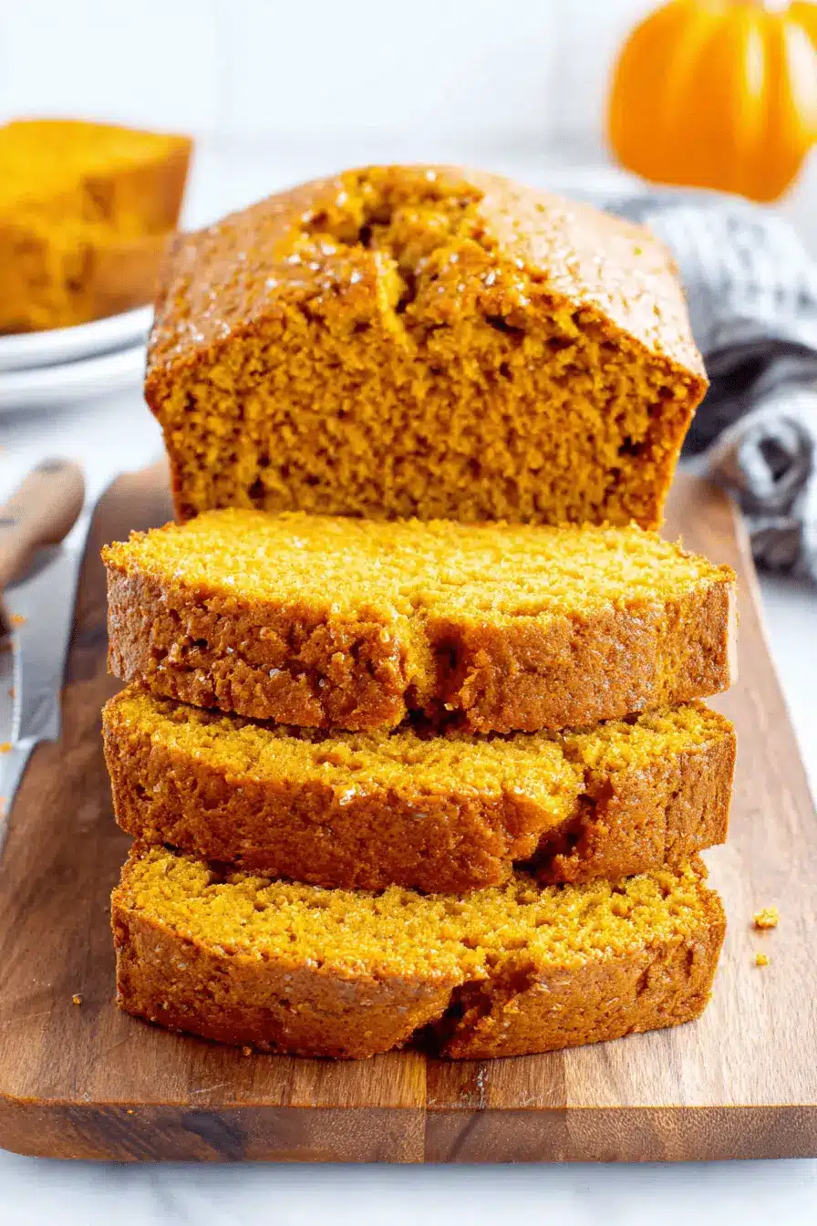 Amazing Pumpkin Bread: Simple & Moist Loaf 2 Freshly baked pumpkin bread loaf, sliced on a rustic wooden board, showing its moist texture, rich orange color, and sparkling sugar topping.