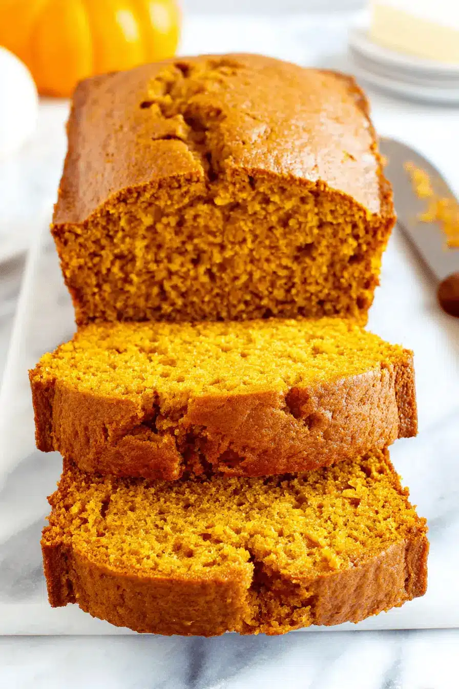 Amazing Foolproof Pumpkin Bread 2 Deliciously moist pumpkin bread, sliced and presented on a marble slab with autumnal decor.