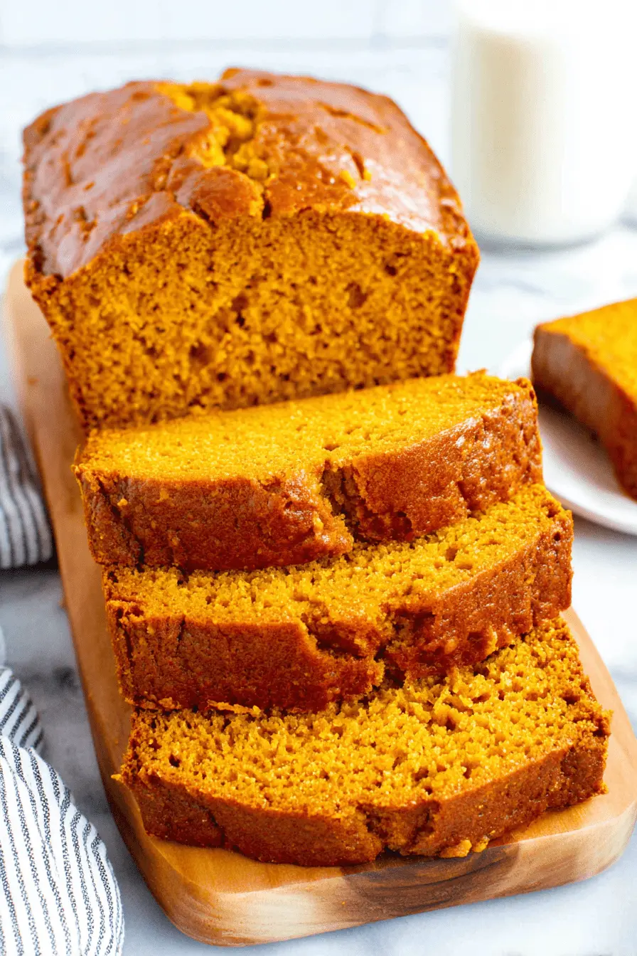 Unbelievably Moist Pumpkin Bread Recipe 2 Close-up of delicious, freshly baked pumpkin bread slices on a wooden cutting board.