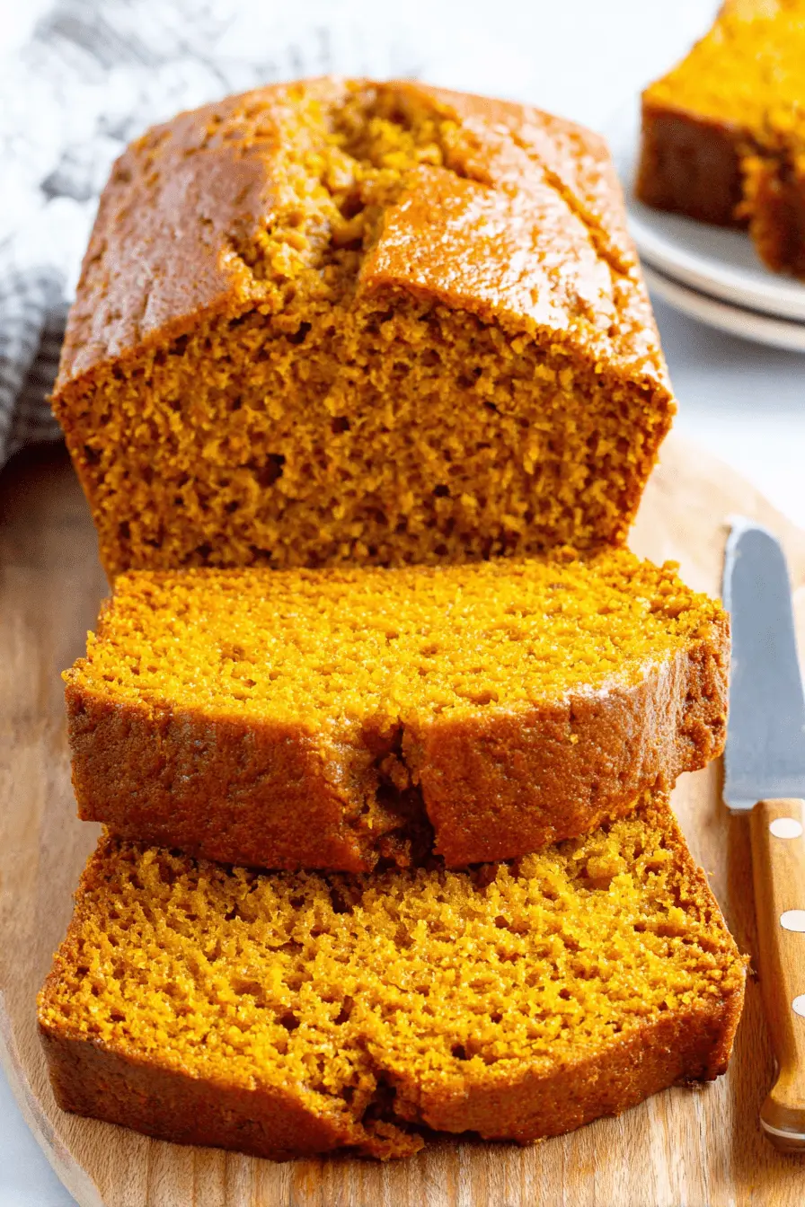 Amazing Fail-Proof Pumpkin Bread Recipe 2 Sliced golden-brown pumpkin bread on a wooden cutting board with a knife, highlighting its moist texture.